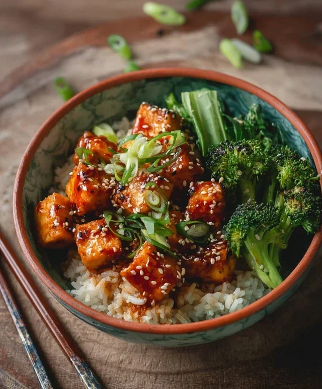 Tofu po koreańsku z ryżem i brokułami