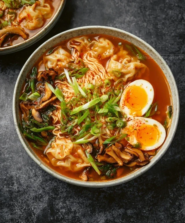 Kimchi Noodle Soup with Dumplings