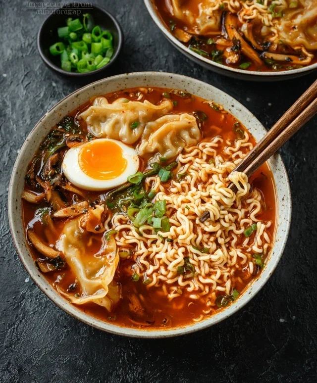 Kimchi Noodle Soup with Dumplings