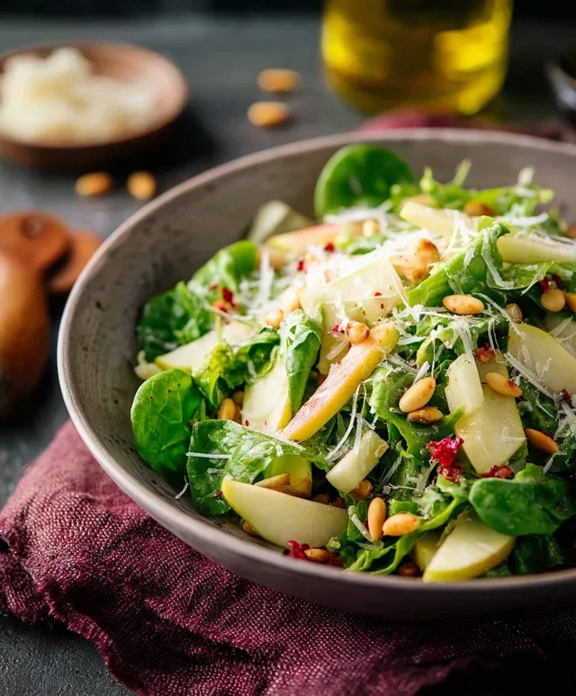 Feldsalat mit Apfeln Parmesan Pinienkernen