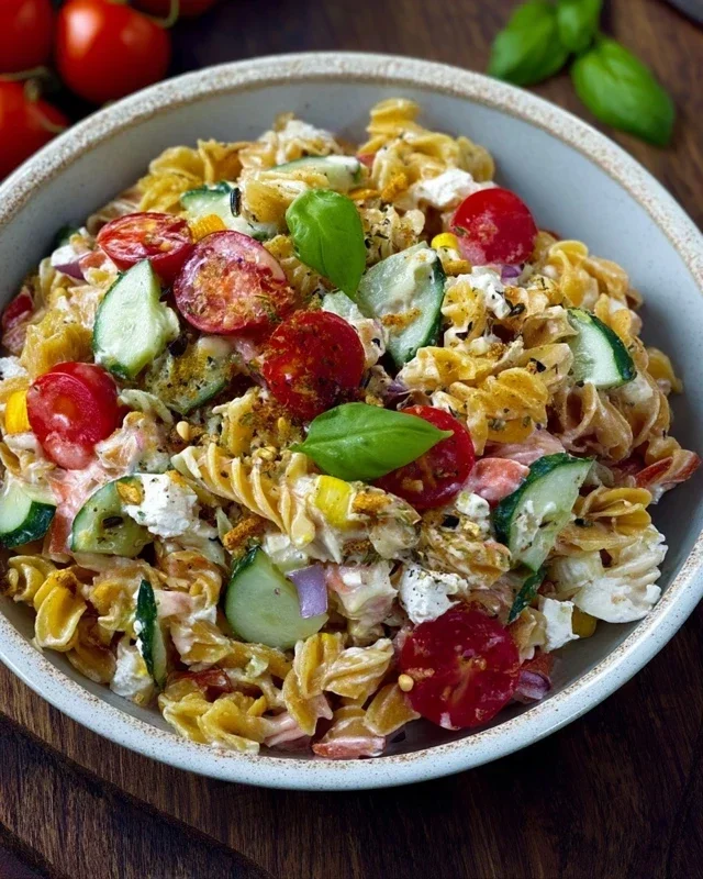 Crispy Pasta Salat mit Feta & Gemüse