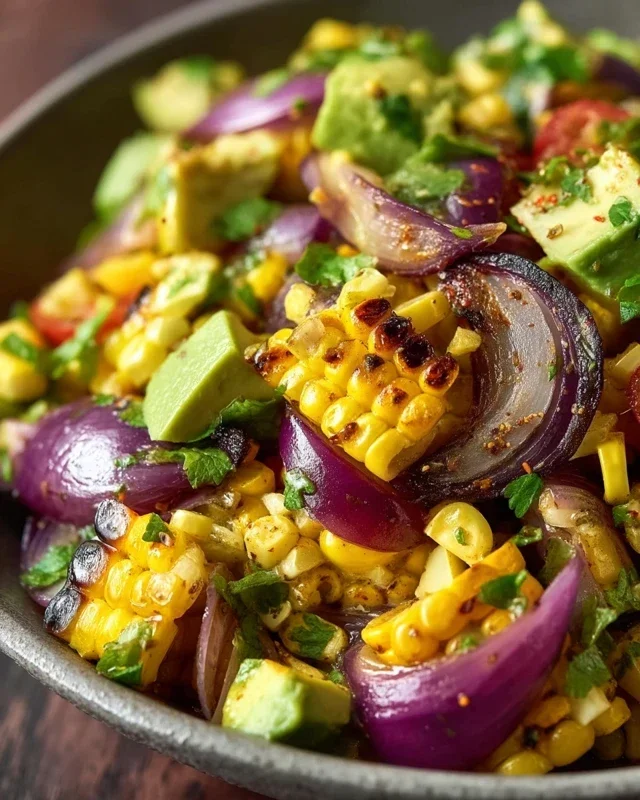 Charred Corn Avocado Salad with Roasted Red Onions
