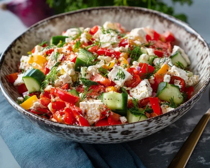 Mediterraner Reissalat mit Feta, Gurken und Paprika