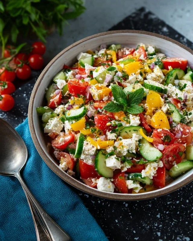 Mediterraner Reissalat mit Feta, Gurken und Paprika