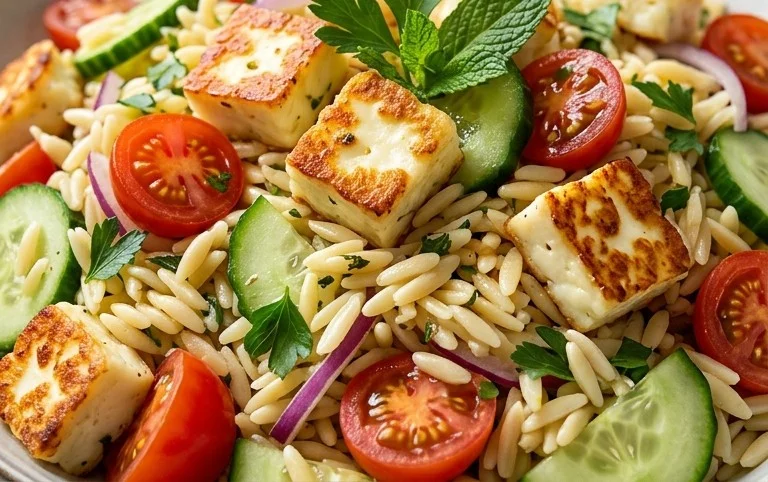 Kritharaki-Salat mit Halloumi-Croutons