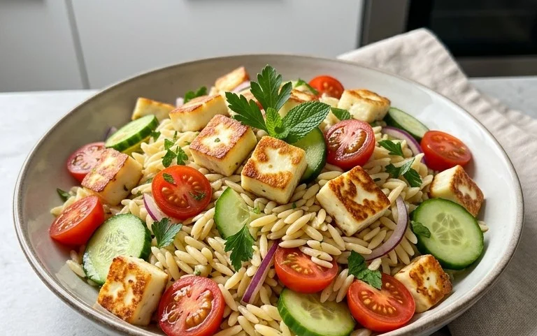 Kritharaki-Salat mit Halloumi-Croutons