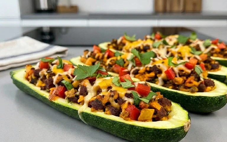 Gefüllte Zucchini-Schiffchen nach mexikanischer Art (Low Carb, Vegan)