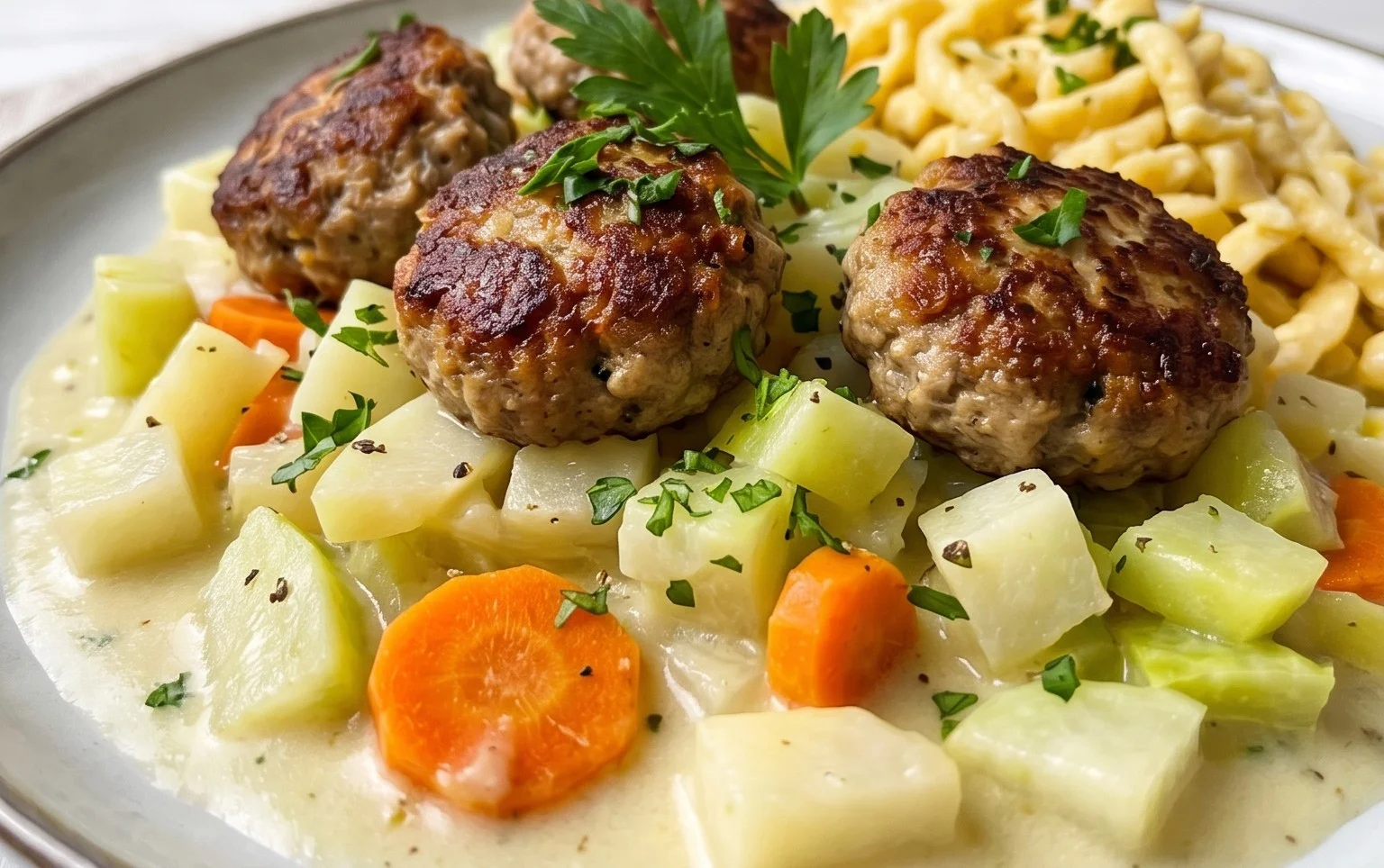 Kohlrabigemüse in heller Soße mit Frikadellen und Spätzle