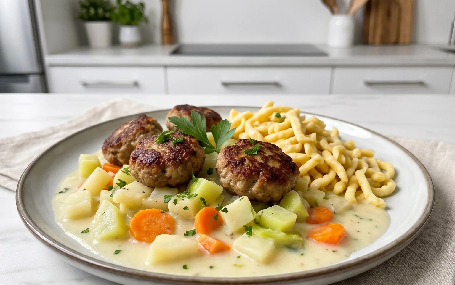 Kohlrabigemüse in heller Soße mit Frikadellen und Spätzle
