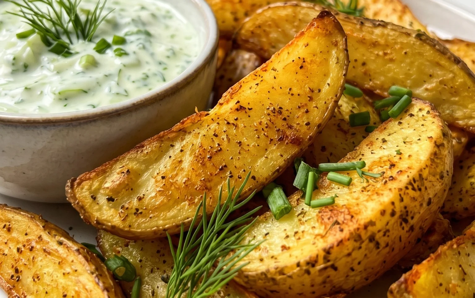 Kartoffelspalten mit Gurkendip