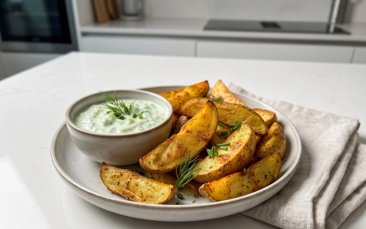 Kartoffelspalten mit Gurkendip