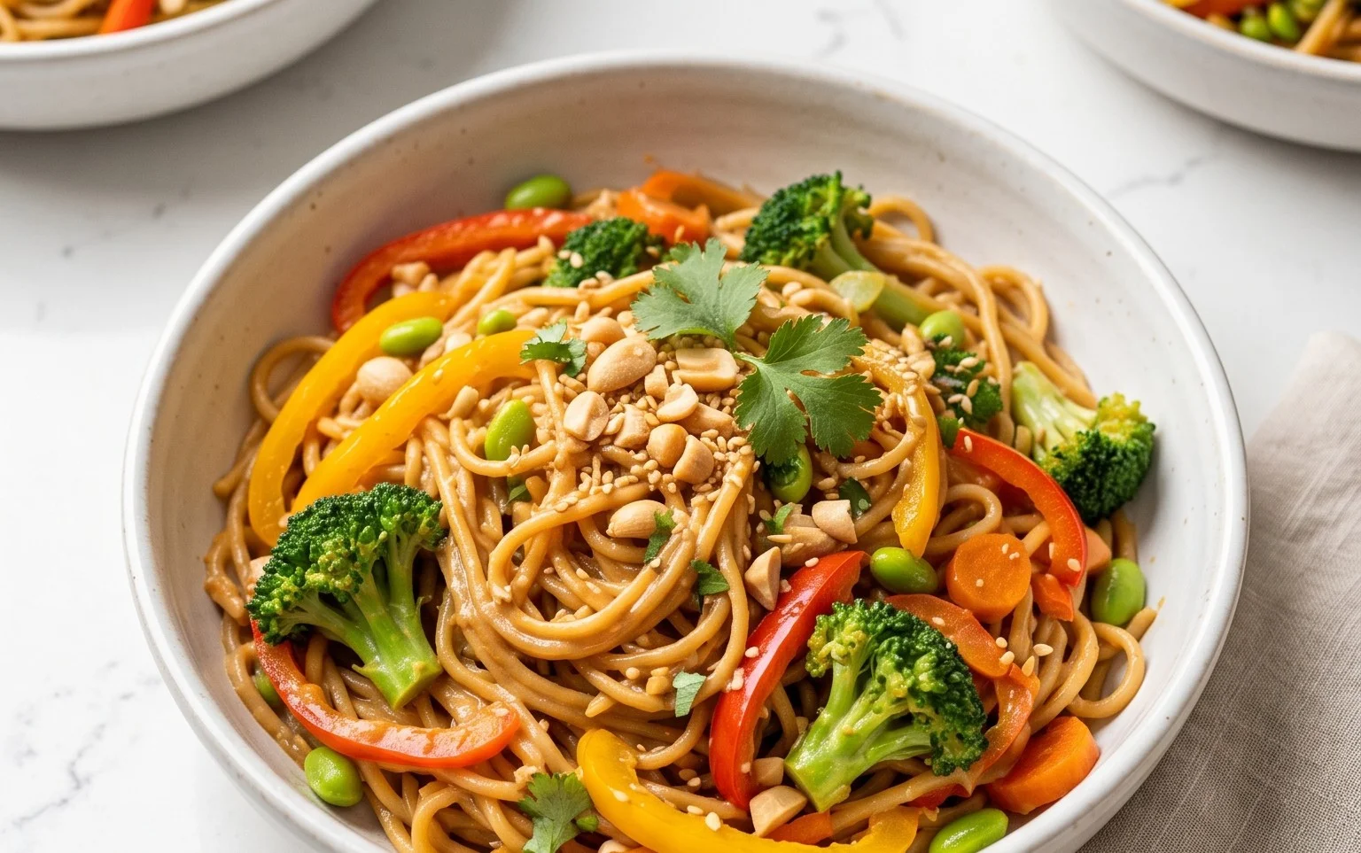 Mie Nudeln mit Erdnusssauce und Gemüse