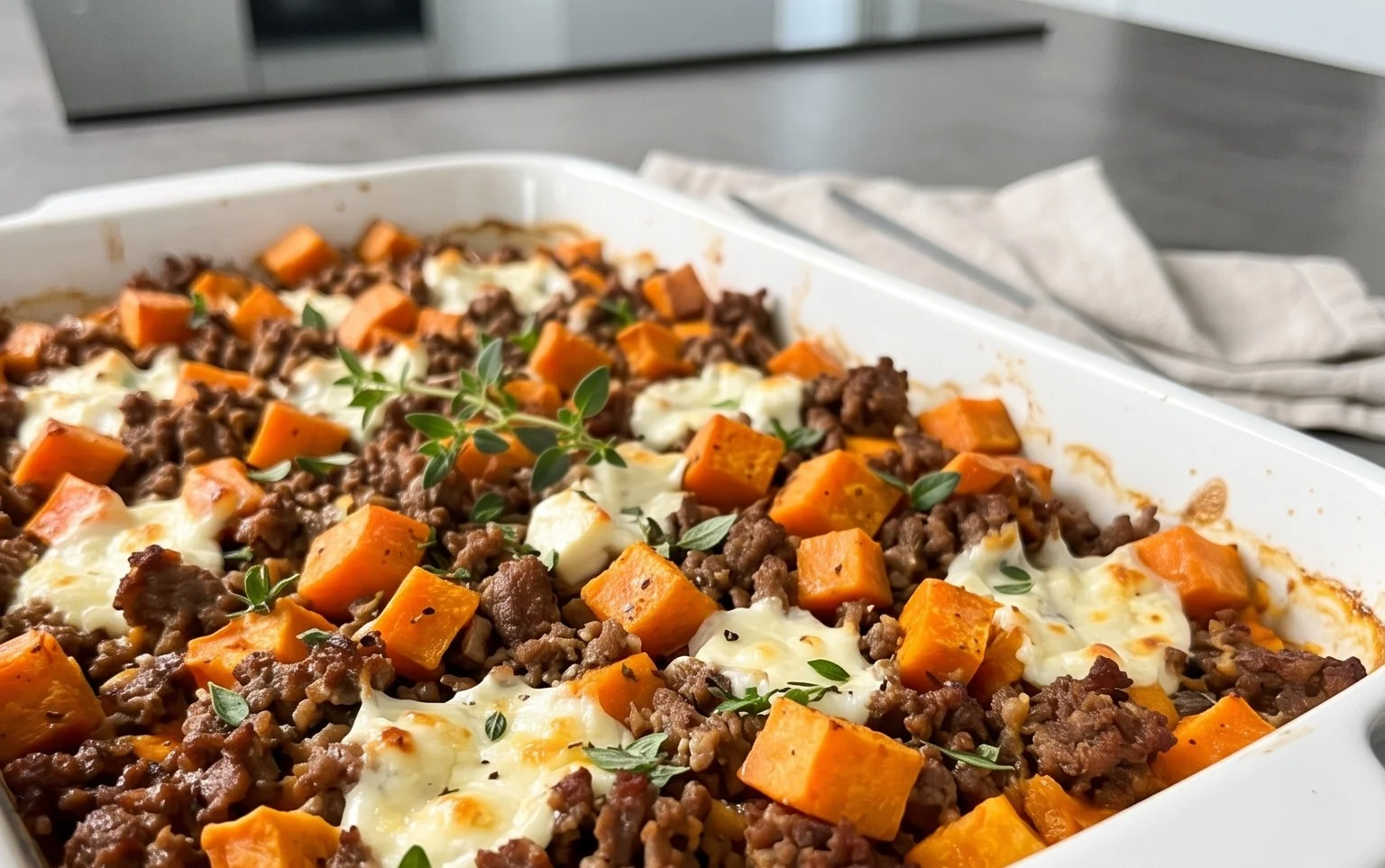 Süßkartoffel-Hackfleisch-Auflauf mit Feta
