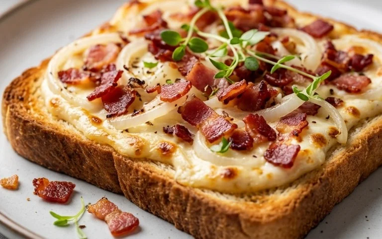 Flammkuchen Toast mit Speck und Zwiebeln