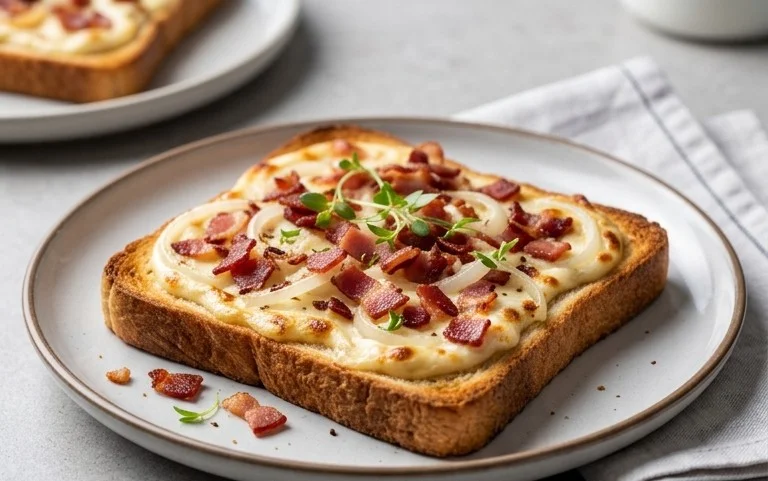 Flammkuchen Toast mit Speck und Zwiebeln