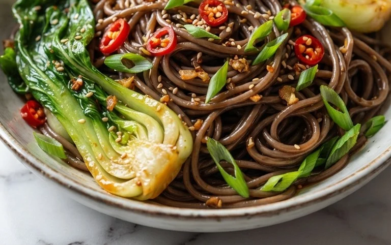 Spicy Garlic Soba Noodles with Bok Choy