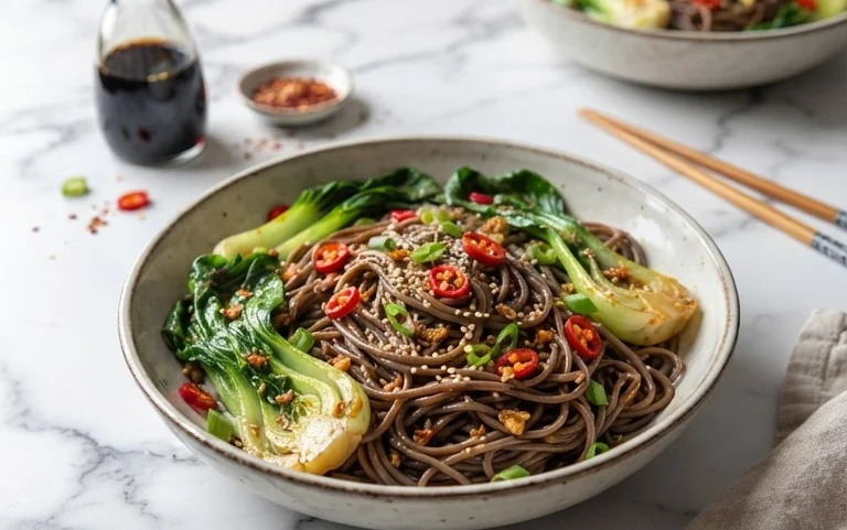 Spicy Garlic Soba Noodles with Bok Choy