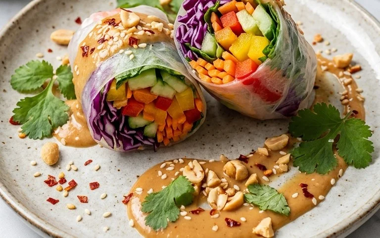 Rainbow Spring Rolls with Gin Extractger Peanut Sauce