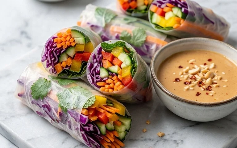 Rainbow Spring Rolls with Gin Extractger Peanut Sauce