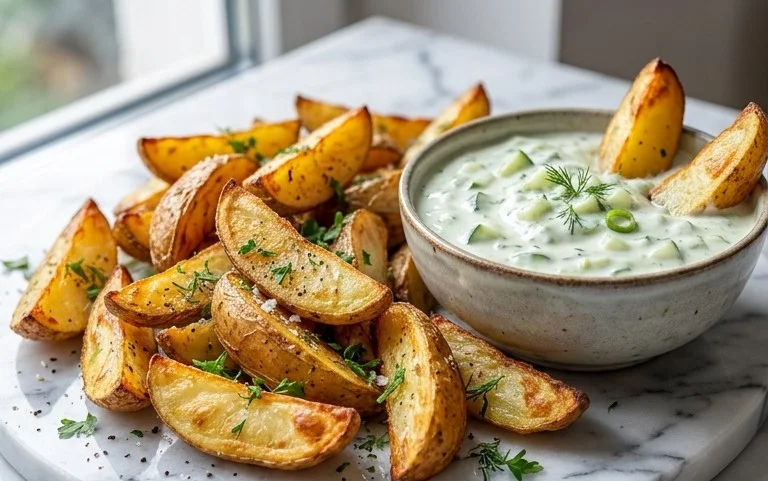Kartoffelspalten mit Gurkendip