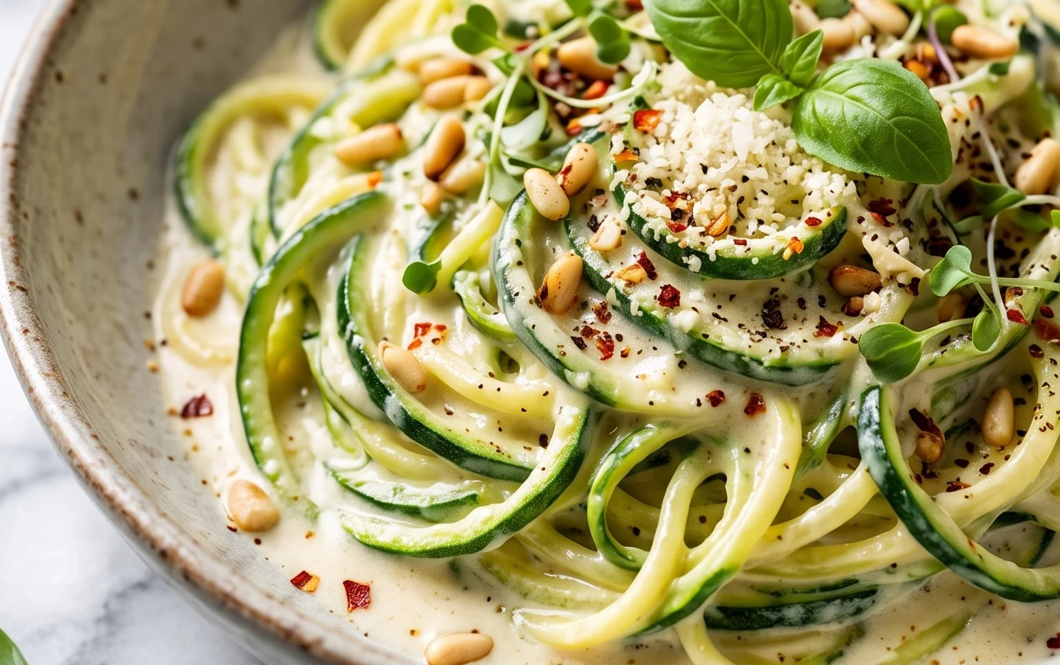Zucchini-Spaghetti in cremiger Sauce– Zoodles