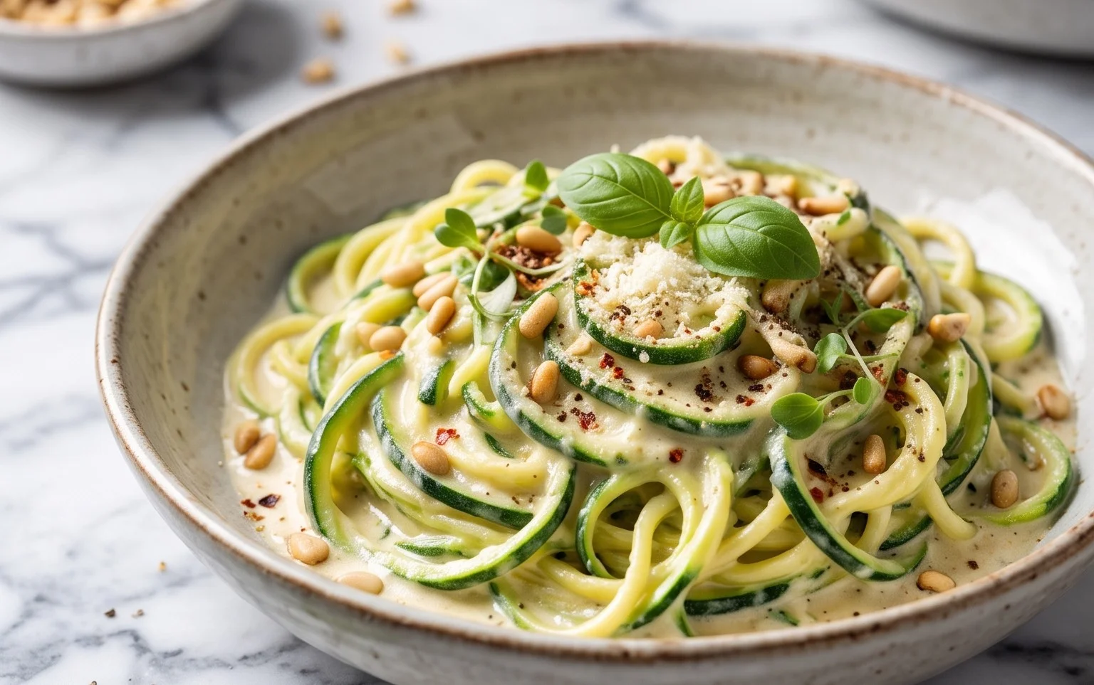 Zucchini-Spaghetti in cremiger Sauce– Zoodles