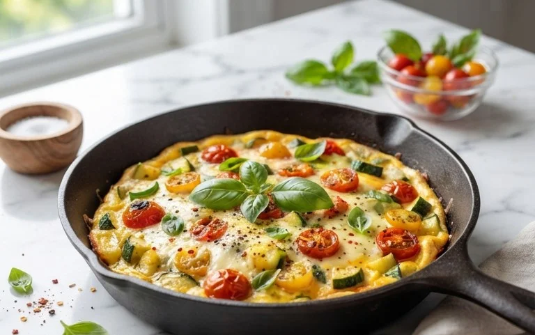 Zucchini-Omelett mit Tomaten und Basilikum