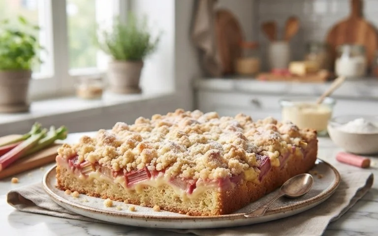 Rhabarberkuchen mit Pudding und Streuseln – wie von Oma