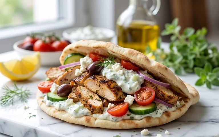 Mediterranes Hähnchen-Gyros mit Feta-Tzatziki genießen!