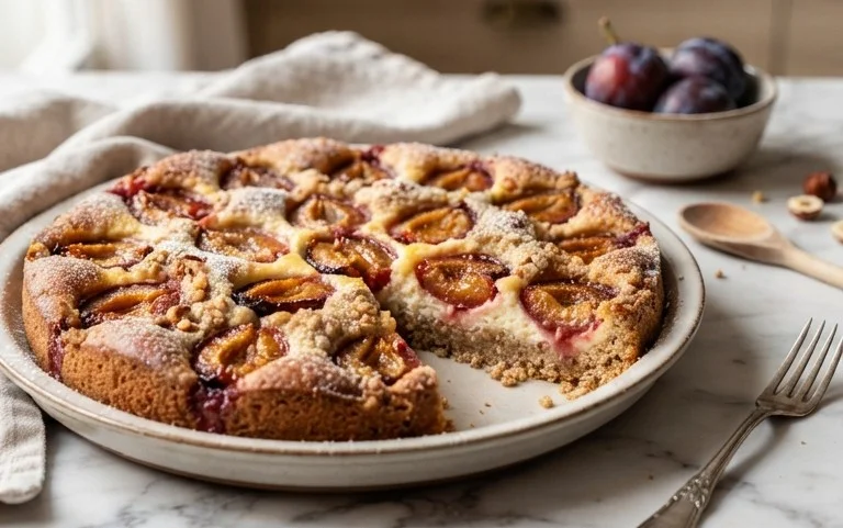 Zwetschgen-Topfenkuchen mit Nuss-Mürbteig