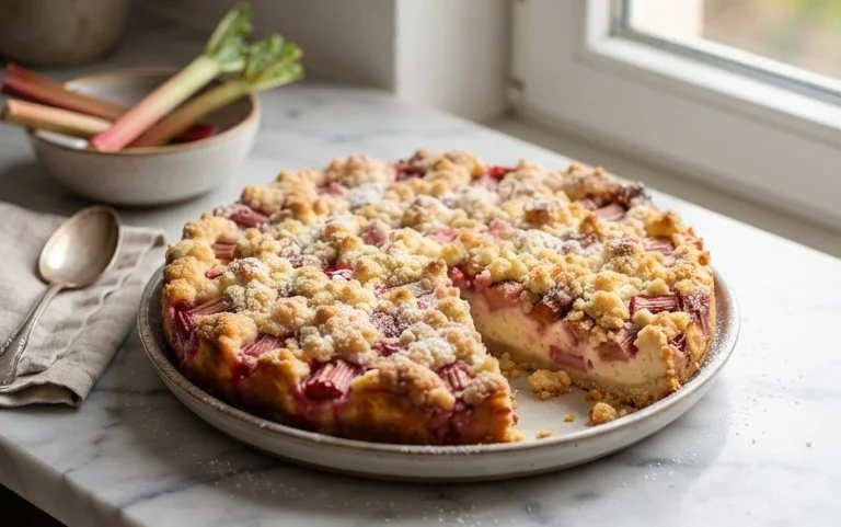 Rhabarber Quarkkuchen mit Butterstreuseln