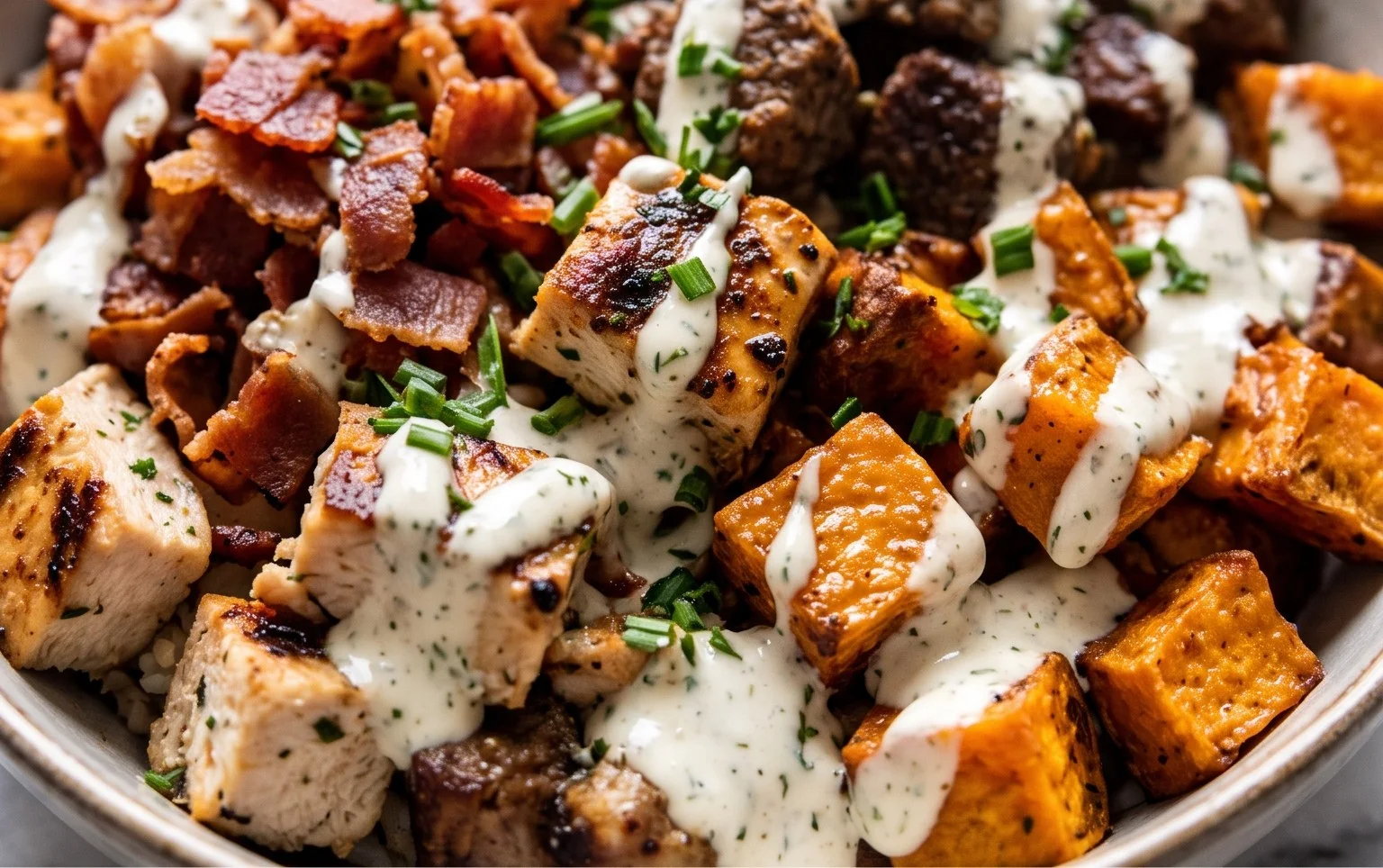 High Protein Chicken Beef Bacon Ranch Sweet Potato Bowl