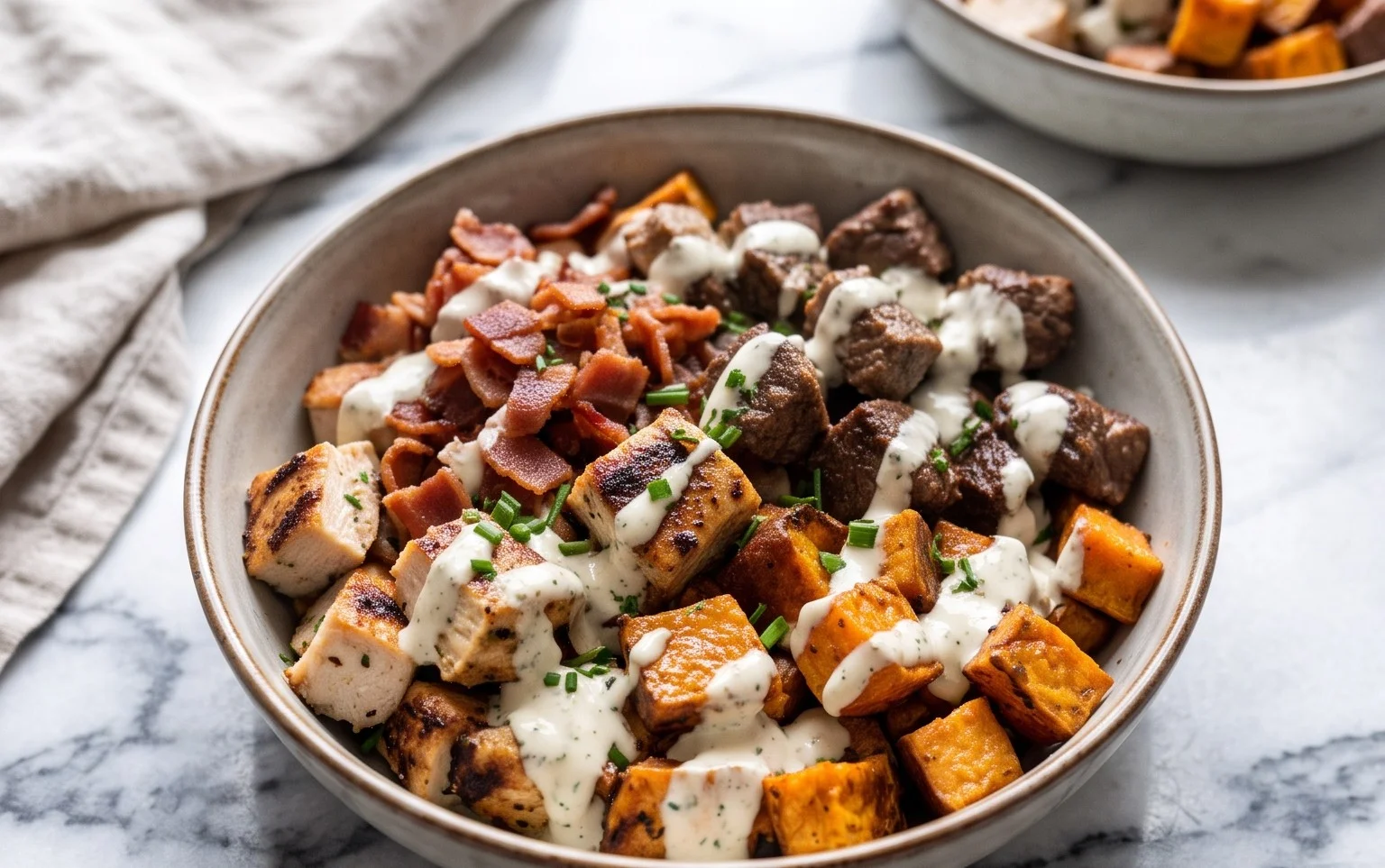 Protein Bowl: Hähnchen, Rind, Speck & Süßkartoffel
